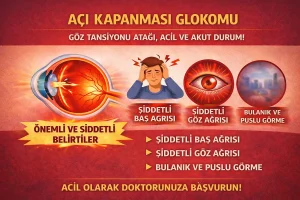 Açı kapanması glokomu belirtileri: ani göz ağrısı, baş ağrısı, bulantı-kusma ve görme bulanıklığını anlatan acil durum görseli