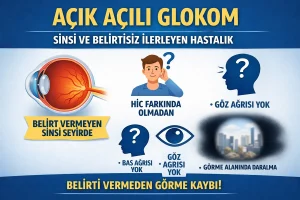 Açık açılı glokom belirtileri: sinsi ilerleyen görme alanı kaybını ve periferik görmenin azalmasını anlatan bilgilendirici görsel