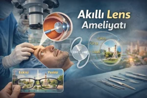 Akıllı lens ameliyatını temsil eden göz içi mercek ve göz anatomisi görselleştirmesi