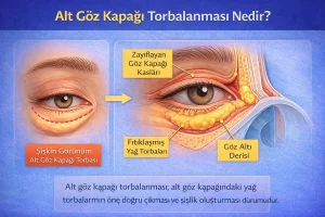 Alt göz kapağı torbalanmasını anlatan medikal illüstrasyon: göz altı yağ torbalarının öne doğru belirginleşmesi