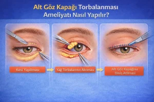 Alt göz kapağı torbalanması ameliyatını gösteren medikal illüstrasyon: kesi yapılması, yağ dokusunun düzenlenmesi ve dikişlerin alt göz kapağına atılması