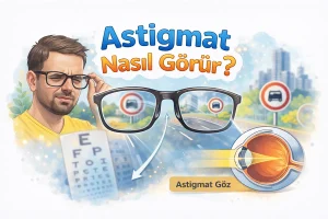 Astigmatı olan bir kişinin uzağı bulanık ve gölgeli görmesini, gözlükle görüntünün netleşmesini anlatan şematik görsel