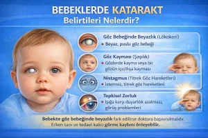 Bebeklerde katarakt belirtileri: göz bebeğinde beyazlık, göz kayması, nistagmus ve görsel tepkilerde azalma