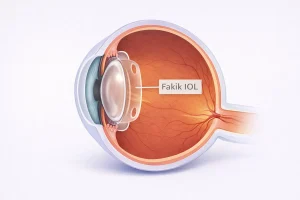 Fakik IOL lensin göz içinde doğal merceğin önüne yerleştirilmiş halini gösteren şematik göz kesiti