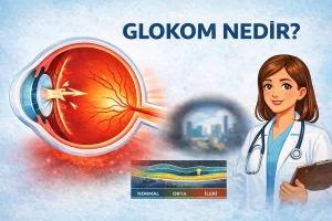 Glokom (göz tansiyonu) nedir? Göz içi basıncının göz sinirine zarar vermesini anlatan illüstrasyon