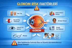 Glokom risk faktörleri infografiği: yaş, aile öyküsü, yüksek göz basıncı, steroid kullanımı, miyopi ve diğer riskler