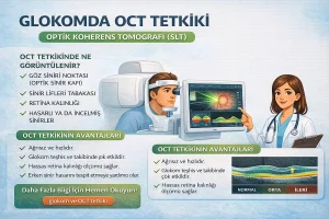 Glokomda OCT tetkiki: optik sinir başı ve sinir lifi tabakası ölçümü ile glokoma bağlı hasarın değerlendirilmesini gösteren görsel