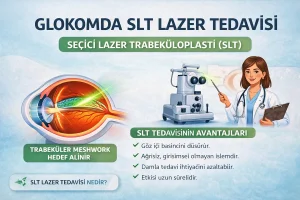 Glokomda SLT lazer tedavisi: trabeküler ağ bölgesine uygulanan lazer ile göz içi basıncın düşürülmesini anlatan bilgilendirici görsel
