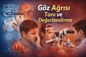 Göz ağrısı tanı ve değerlendirme sürecini anlatan muayene temalı featured görsel