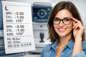 Otorefraktometre sonucu ve gözlük kullanan kişinin göz derecesi ölçümü