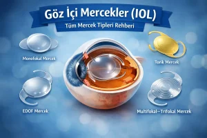 Göz kesitinde IOL yerleşimi ve monofokal, torik, EDOF, multifokal-trifokal mercek görselleri
