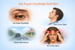 Üst kapak düşüklüğü belirtilerini gösteren medikal illüstrasyon: kapak asimetrisi, yorgun görünüm ve görme alanında daralma