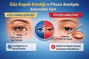 Göz kapak estetiği ile pitozis ameliyatı arasındaki farkı gösteren karşılaştırmalı göz kapağı illüstrasyonu