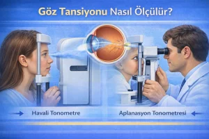 Göz tansiyonu nasıl ölçülür? Tonometri ile göz içi basıncı ölçümünü anlatan görsel