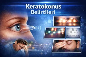 Keratokonus belirtilerini gösteren görsel: korneada hafif öne bombeleşme, bulanık görme, ışık saçılması/halo ve göz kaşıma temsili