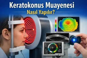 Keratokonus muayenesi sırasında kornea topografisi çekimi ve topografi haritası
