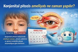 Konjenital pitozis ameliyatının zamanı pitozisin şiddetine ve göz tembelliği riskine göre belirlenir