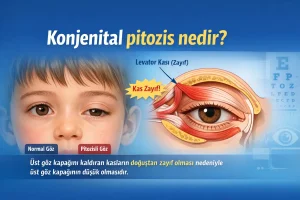 Konjenital pitozis, doğuştan üst göz kapağı düşüklüğüdür ve levator kasının zayıflığıyla ilişkilidir