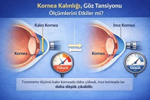 Kornea kalınlığının göz tansiyonu ölçümüne etkisini anlatan medikal illüstrasyon: ince ve kalın kornea karşılaştırması