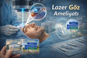 Lazer göz ameliyatı öncesi göz ölçümü yapılan hasta ve doktor