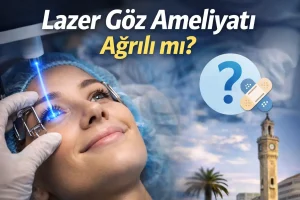 Lazer göz ameliyatı sırasında gülümseyen hastanın açık gözünde lazer uygulaması ve “Lazer göz ameliyatı ağrılı mı?” başlıklı bilgilendirici görsel