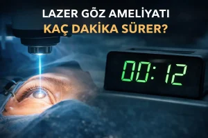 Lazer göz ameliyatı süresini gösteren görsel, dijital saat ve lazer uygulaması