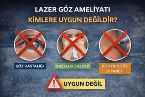 Lazer göz ameliyatı için uygun olmayan kişileri anlatan uyarı görseli
