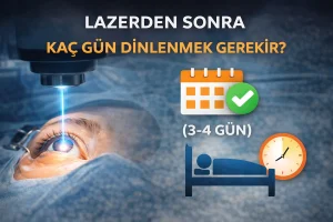 Lazer göz ameliyatından sonra dinlenme süresini anlatan takvim ve yatak ikonlu görsel