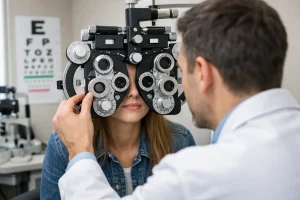 Miyopi şüphesi olan hastada phoropter ile göz numarası ölçümü yapılan muayene görüntüsü