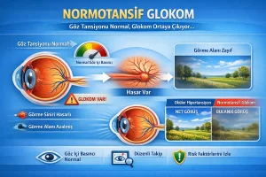 Normotansif glokom: göz tansiyonu normal sınırlarda olsa bile görme sinirinde hasar ve görme alanı kaybı gelişebilir