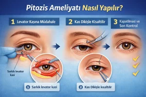Pitozis ameliyatının nasıl yapıldığını anlatan medikal illüstrasyon: üst kapak kaldırma mekanizmasının düzeltilmesi