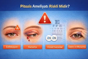 Pitozis ameliyatının olası risklerini gösteren bilgilendirici görsel: enfeksiyon, şişlik-kanama, göz kuruluğu, kapağın tam kapanmaması