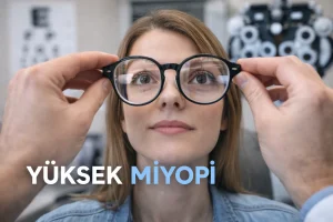 Yüksek miyopiyi temsil eden göz muayenesi ve görme odak kusurunu anlatan klinik görüntü