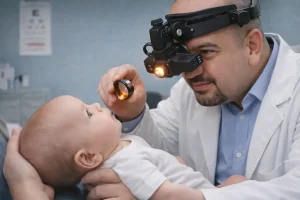 Bebekte indirekt oftalmoskop ile retina muayenesi yapan göz doktoru