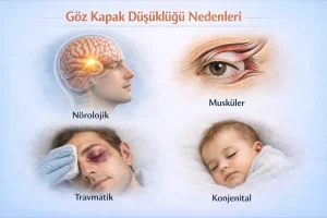 Pitozis nedenlerini gösteren nörolojik, musküler, travmatik ve konjenital etkenleri içeren tıbbi görsel