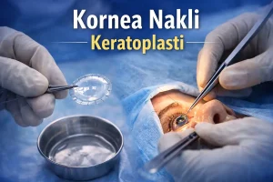 Kornea nakli (keratoplasti) sırasında donör korneanın göze yerleştirilmesini gösteren görsel