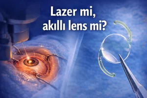 “Lazer mi, akıllı lens mi?” karşılaştırmasını anlatan, lazer uygulaması ve göz içi lens görseli içeren kapak görseli
