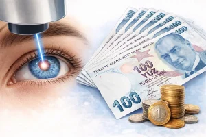 Lazer göz ameliyatı maliyetini temsil eden, lazer uygulanan göz ve Türk lirası banknotları bulunan görsel