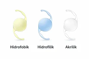 IOL materyali ve filtreler; hidrofobik akrilik mercek, UV ve mavi ışık filtresi şeması ve spektrum çizgisi