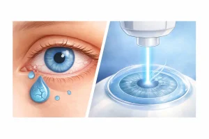 Göz kuruluğunun lazer göz ameliyatına engel olup olmadığını anlatan, lazer uygulaması ve kuru göz uyarısı içeren görsel