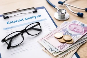 Katarakt ameliyatı maliyetini temsil eden, gözlük, stetoskop ve Türk lirası banknotları bulunan tıbbi belge görseli