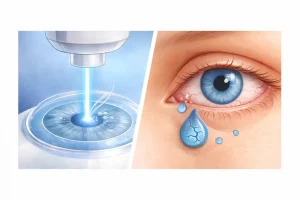 Lazer göz ameliyatı sonrası göz kuruluğunu anlatan, lazer uygulaması ve kuru göz uyarısı içeren görsel