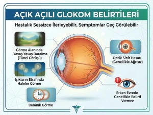 Açık açılı glokom belirtileri: sinsi ilerleyen görme alanı kaybını ve periferik görmenin azalmasını anlatan bilgilendirici görsel