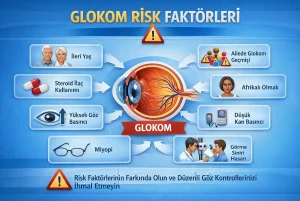 Glokom risk faktörleri infografiği: yaş, aile öyküsü, yüksek göz basıncı, steroid kullanımı, miyopi ve diğer riskler