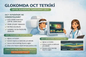 Glokomda OCT tetkiki: optik sinir başı ve sinir lifi tabakası ölçümü ile glokoma bağlı hasarın değerlendirilmesini gösteren görsel