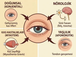 Pitozis nedenlerini gösteren nörolojik, musküler, travmatik ve konjenital etkenleri içeren tıbbi görsel