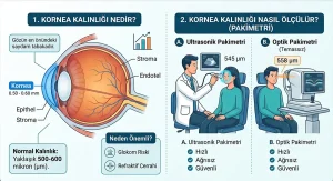 Lazer göz ameliyatı için kornea kalınlığı ölçümü ve mikron (µm) değeri gösteren görsel