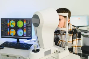 Korneal topografi testi sırasında korneanın halka ışıklarla taranmasını gösteren görüntü