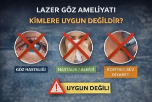 Lazer göz ameliyatı için uygun olmayan kişileri anlatan uyarı görseli