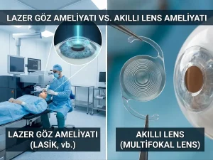 Lazer göz ameliyatı ve akıllı lens ameliyatı karşılaştırmasını gösteren görsel; lazer operasyonu, göz yapısı ve multifokal lens şeması